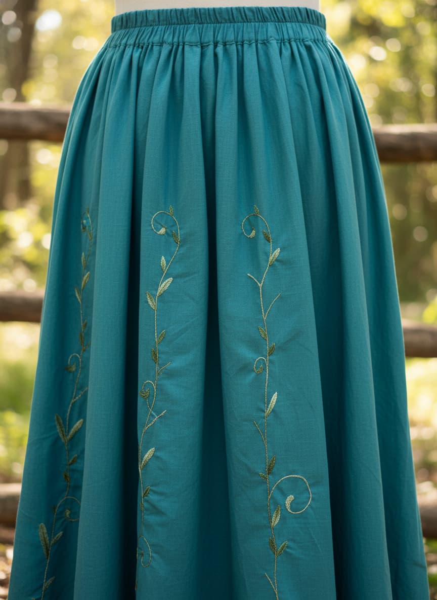 tyrkysová maxi sukně a výšivka přírody